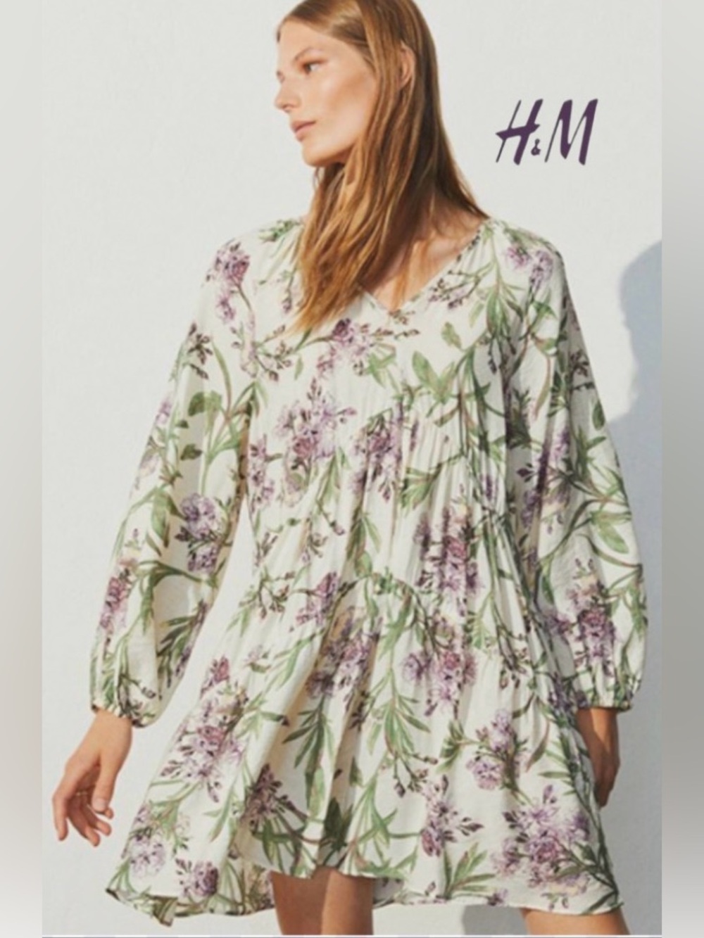 XXL H&M Swingy Short Botanical Print Dress with Balloon Sleeves, NWT
